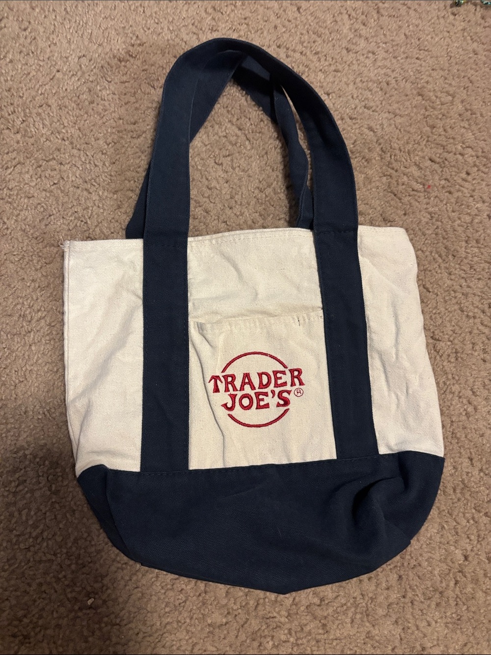 Trader Joe's Mini Canvas Tote Bag in Navy and Cream